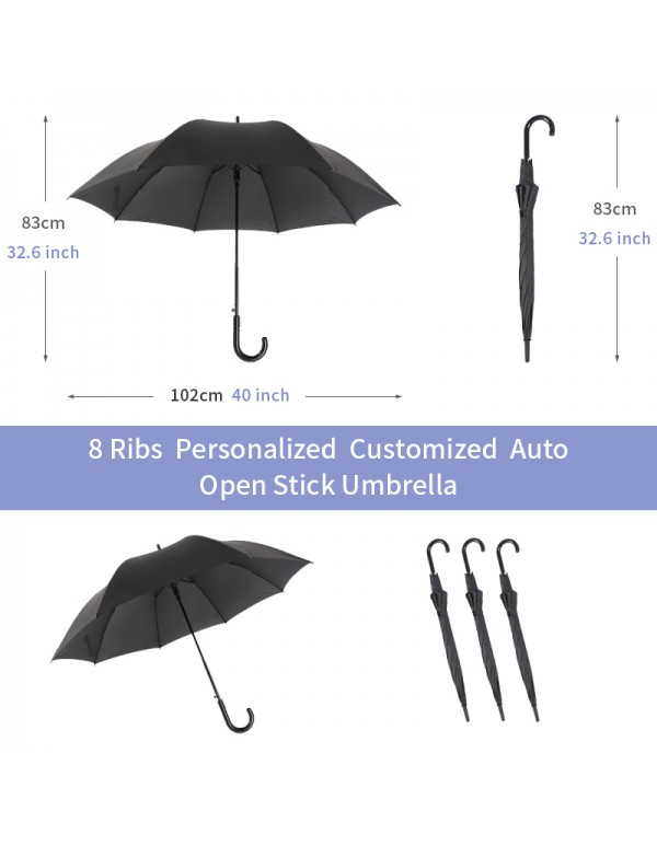 Custom 40 inch 8 Ribs stick umbrella, windproof and waterproof portable umbrella, PVC handle, steel + fiber umbrella frame, tough and not easy to bend